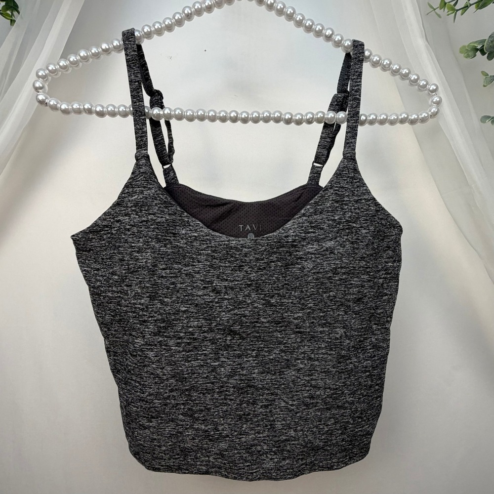 Tavi Noir Cami Bra Womens XS Grey Space Dye Heathered Strappy Yoga Crop Top